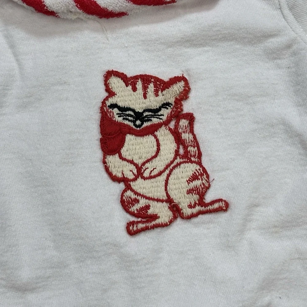 VTG Handmade Baby Romper Cat Kitten Embroidered 6 Month Red And White